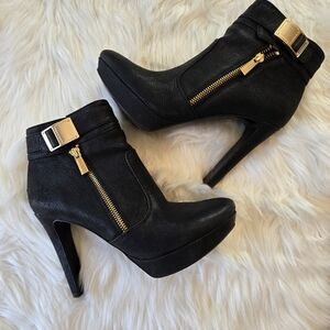 Vince Camuto Black Leather Slip-On Heel with Gold Crest Insole